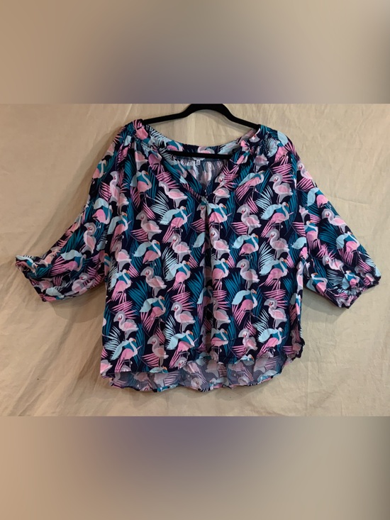 crown & ivy Tops - crown & ivy Navy Tropical Flamingo Print Blouse 🦩